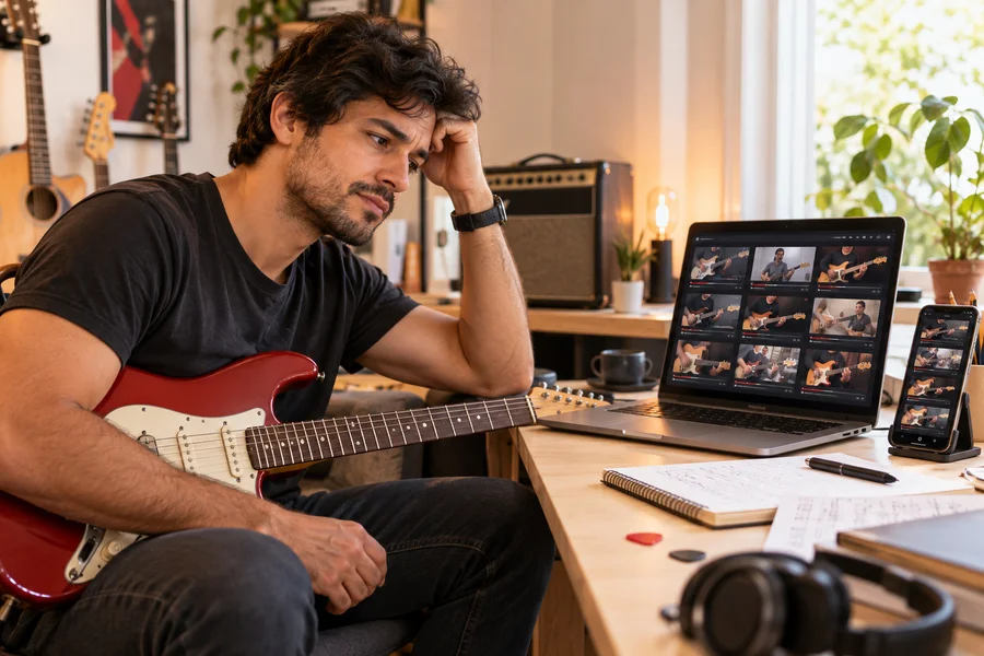 Cena conceitual de um guitarrista diante de conteúdos soltos, sem uma sequência de estudo